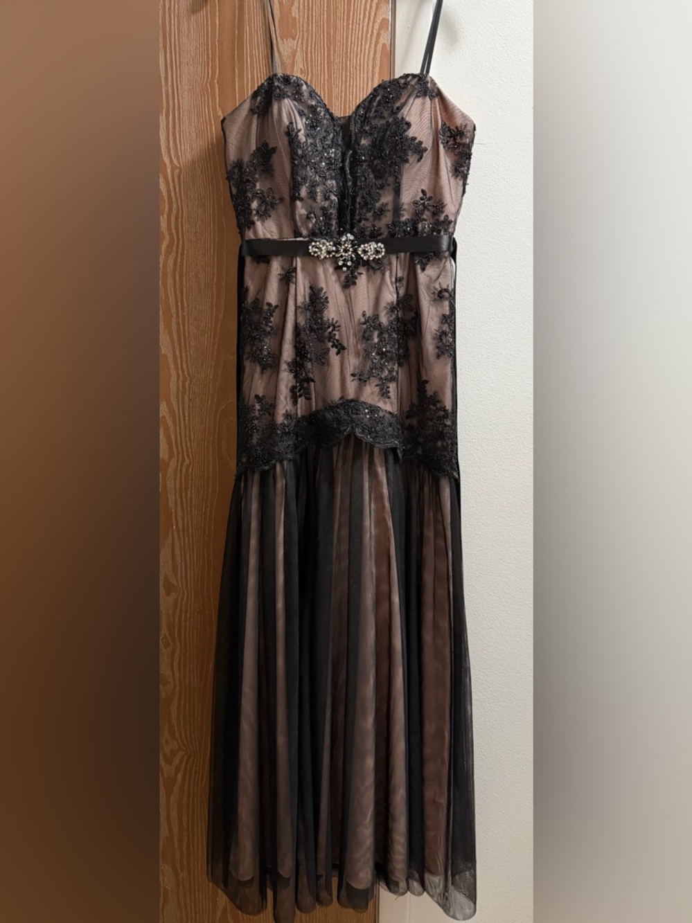 Black Lace Overlay Evening Dress with Nude Lining. Size 9/10